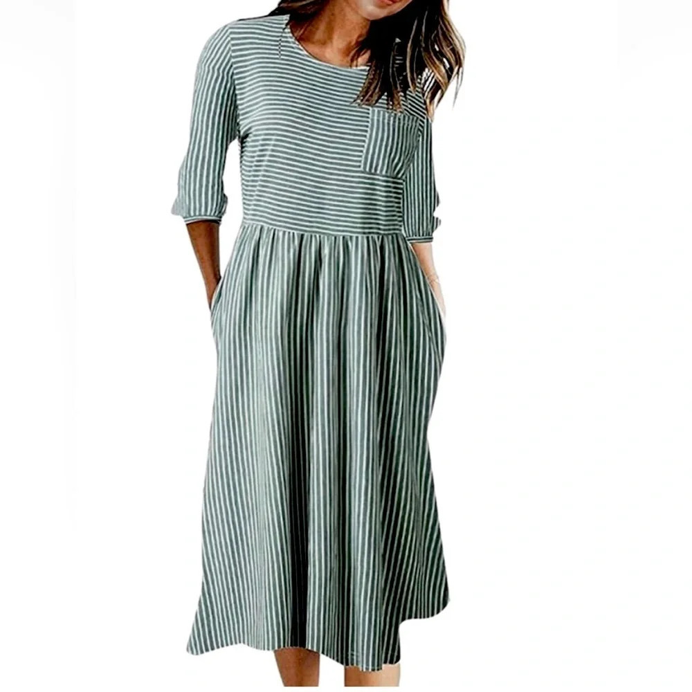 Merokeety Olive Green Striped T-Shirt Dress Women’s L Large Soft Stretchy Casual